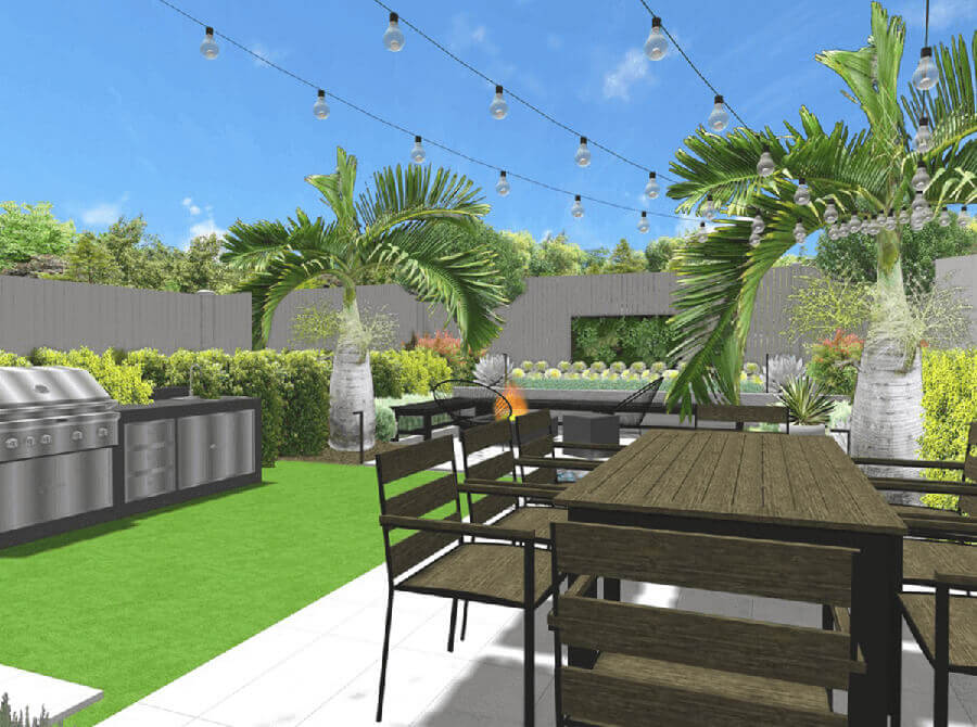 ShrubHub 3D yard design with outdoor kitchen, ambient lighting, patio dining, and palm trees