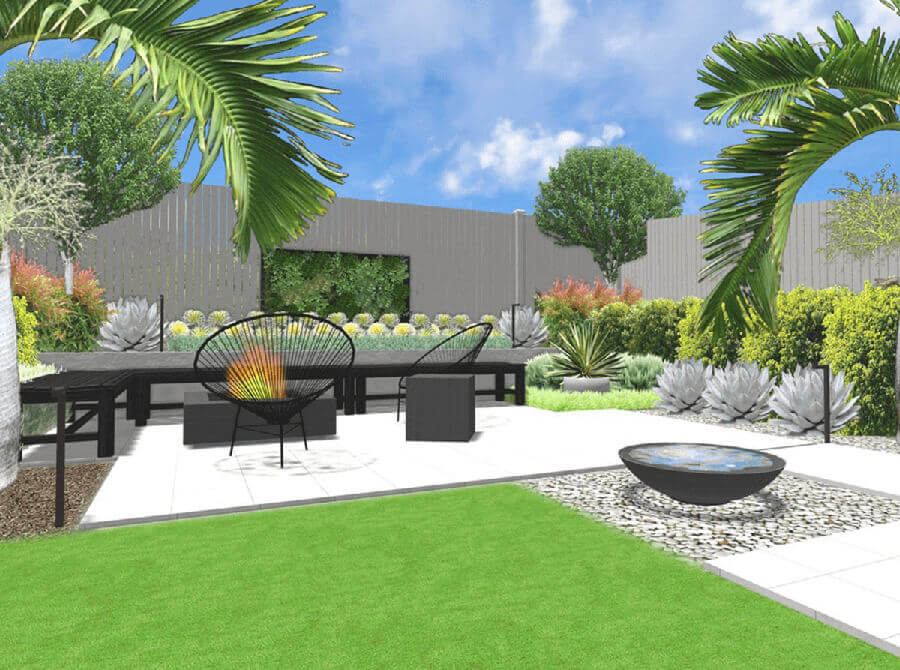sleek virtual courtyard design with fire pit, seating area, and grass alternative