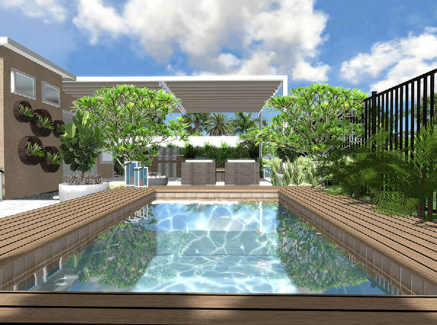 contemporary 3D pool design and wall garden