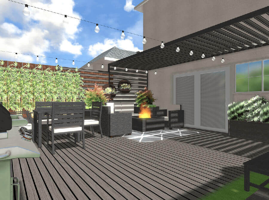 backyard deck with cafe lights and privacy wall