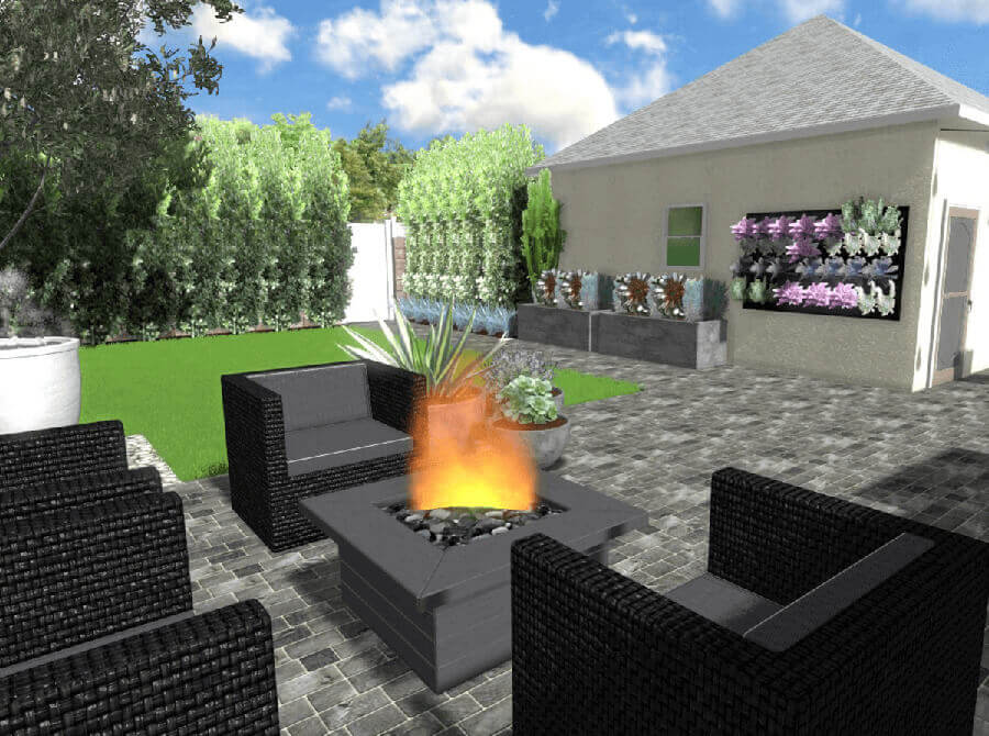 side yard design with fire pit, tall trees, and wall garden