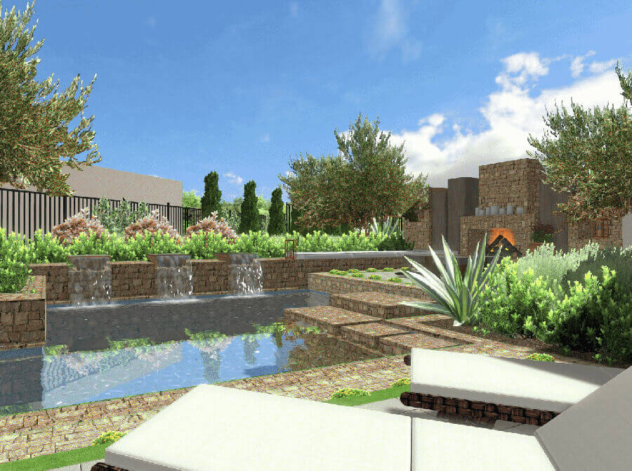 3D design with mediterranean pool, waterfalls, outdoor fire place, and luxury lounge chairs
