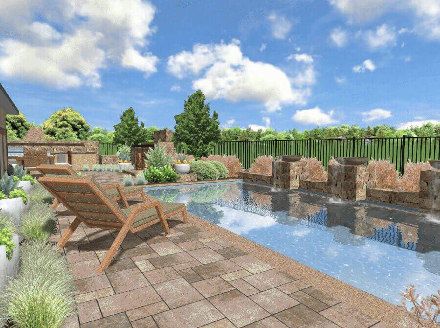 tuscan style online yard design with pool, lunge area, and outdoor grill