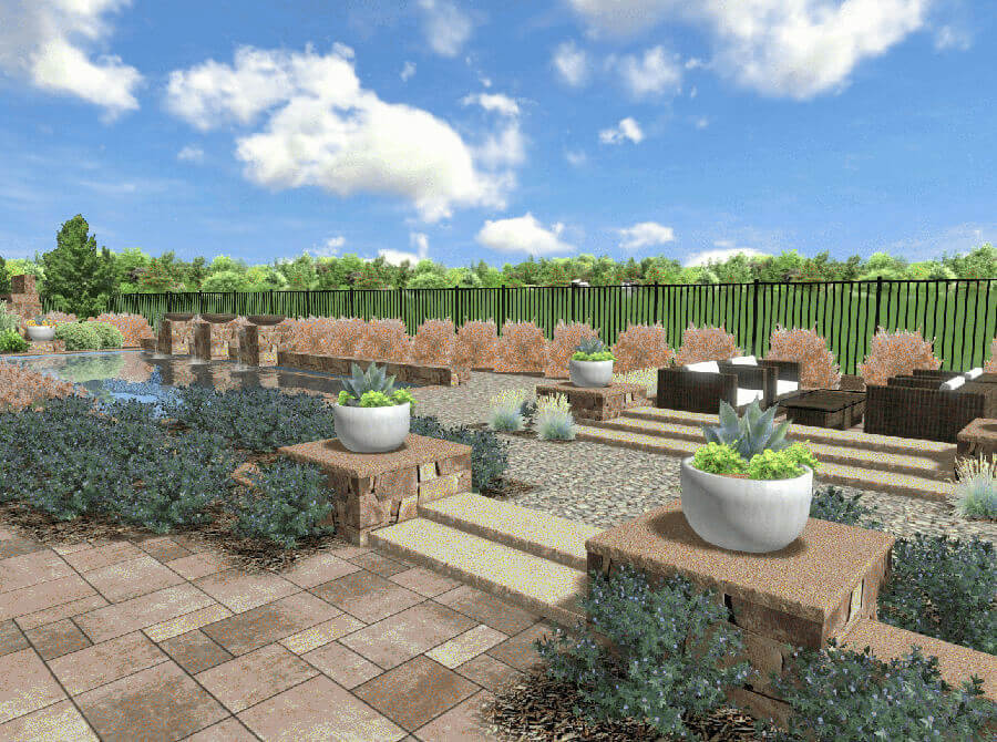 ShrubHub yard design with patio furniture, climate friendly plants, and drought tolerant gravel