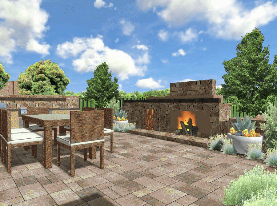 Traditional design style outdoor fire place with limestone and rustic outdoor dining area