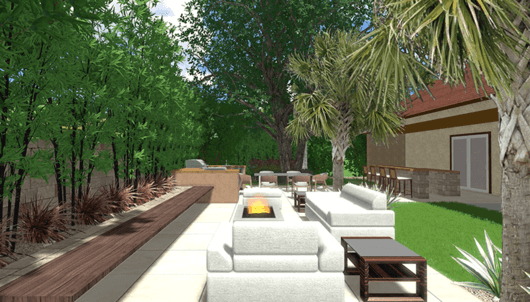 Large side yard virtual design with outdoor kitchen and bar, gas fire pit, and modern seating