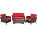 4 Pcs Outdoor Rattan Wicker Loveseat Furniture Set W/ Cushions-Red image