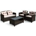 4 Pcs Outdoor Rattan Armrest Furniture Set Table With Lower Shelf image