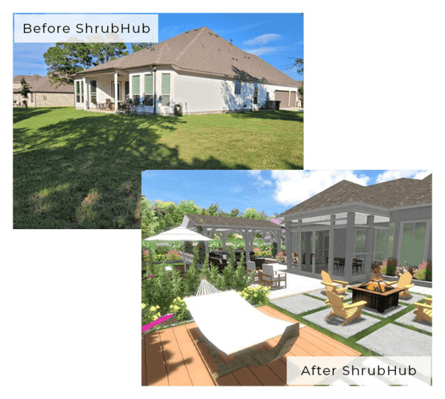 Before and after images of a neglected yard compared to beautiful Shrubhub 3D design